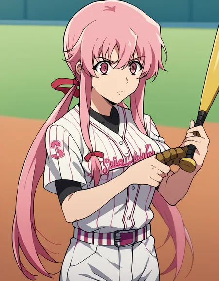 score_9, score_8_up, score_7_up, source_anime, <lora:yuno-gasai-s1-ponyxl-lora-nochekaiser:1>, yuno gasai, long hair, pink hair, pink eyes, sidelocks, ribbon, red ribbon, hair ribbon, twintails, medium breasts,, <lora:baseball-uniform-ponyxl-lora-nochekaiser:1> baseball uniform, baseball, striped belt, shirt under shirt, sportswear, ribbed shirt, baseball helmet, baseball bat, baseball jersey, baseball field, holding baseball bat,, , cowboy shot,