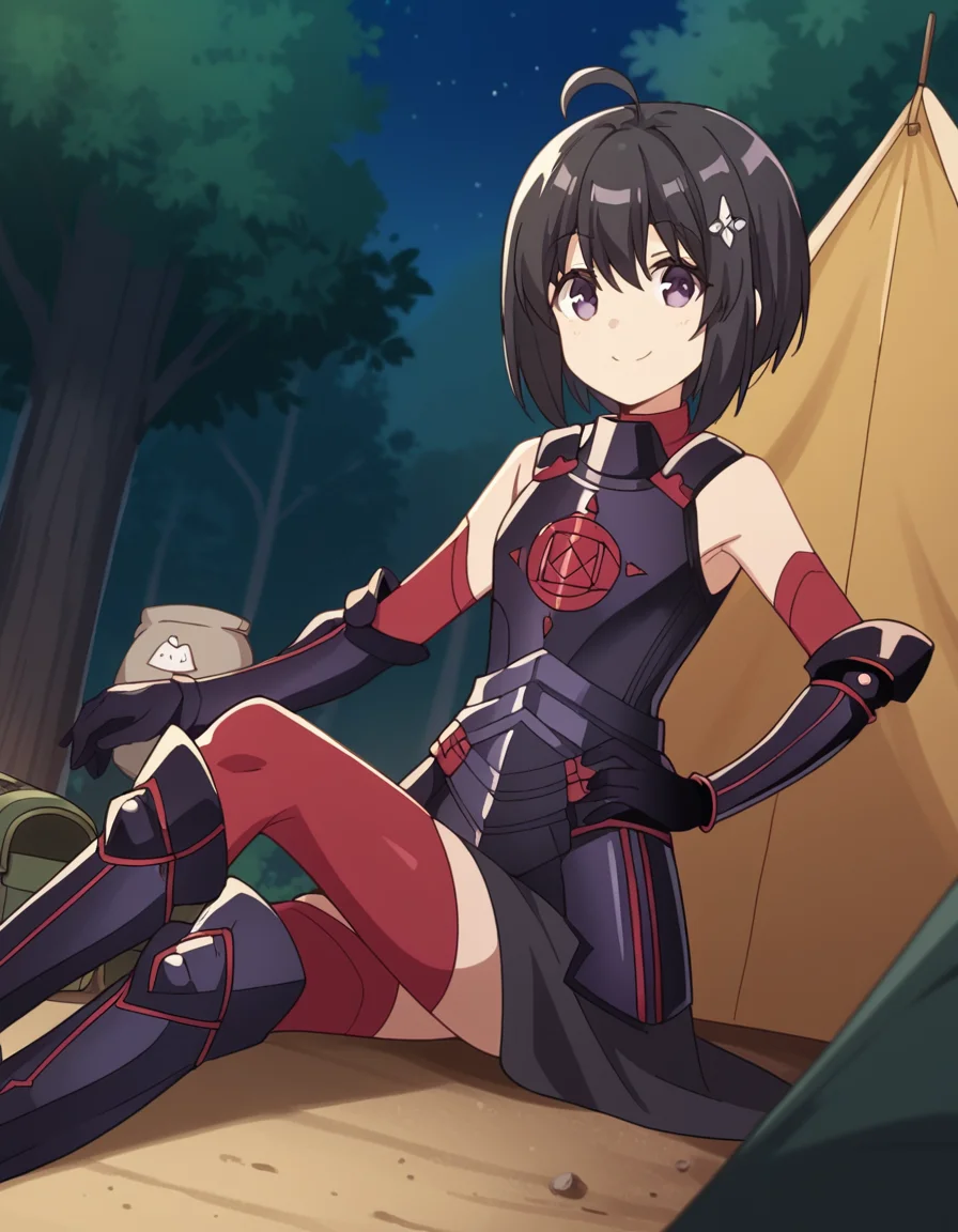 score_9, score_8_up, score_7_up, source_anime, <lora:bofuri-maple-s2-ponyxl-lora-nochekaiser:1>, maple, short hair, bangs, black hair, hair ornament, purple eyes, ahoge, bob cut,, thighhighs, gloves, bare shoulders, boots, black gloves, elbow gloves, armor, red thighhighs, black armor,, camping, bonfire, tent, stargazing, marshmallows, forest clearing, night, smile, looking at viewer, elbow bent, foot crossed, hand on hip, solo,, cowboy shot, dutch angle