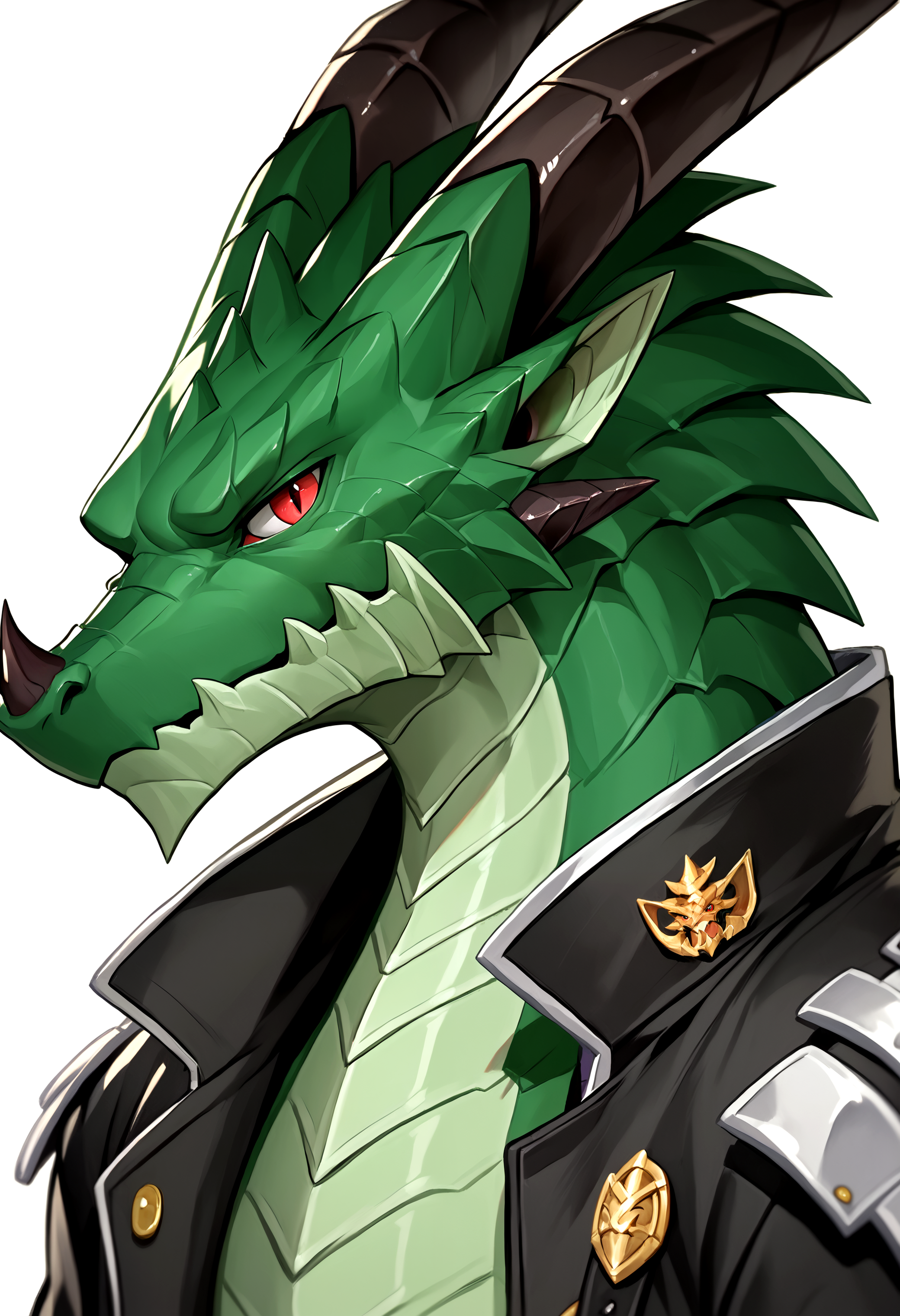 score_9, score_8_up, score_7_up, <lora:Ragon-000003>, Ragon, dragon, horns, green skin, shoulder pad,  open jacket, red eyes, musuclar male, 1boy, solo, close up,
