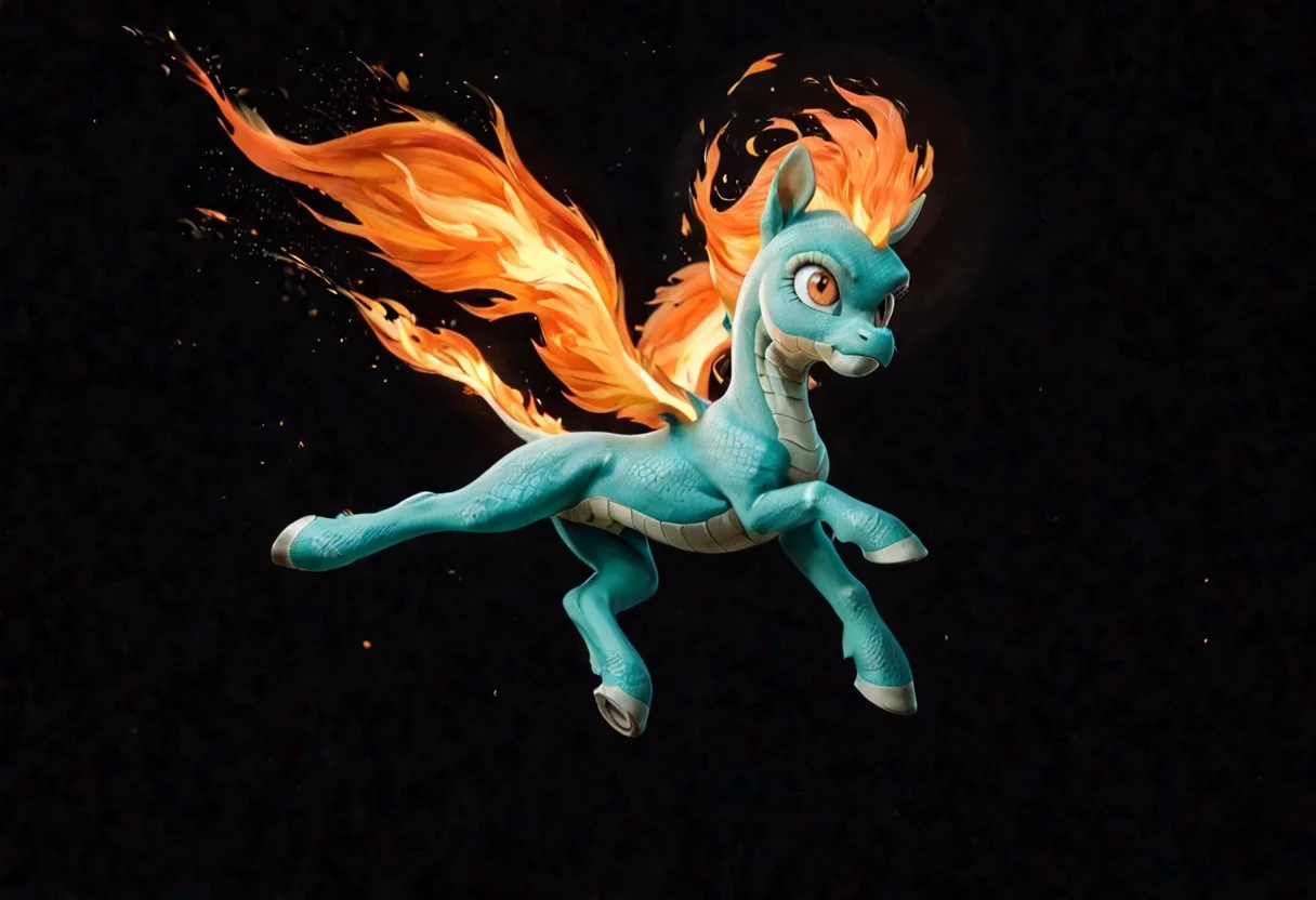 score_9, score_8_up, score_7_up, realistic, toony, feral, mlp, tianhuo_tfh, solo, animal, furry female, orange eyes, slit pupil, dragon horse, pony, flame hair, flame mane, flame tail, fire, summersault, kick, flying, moon, forbidden city, black background