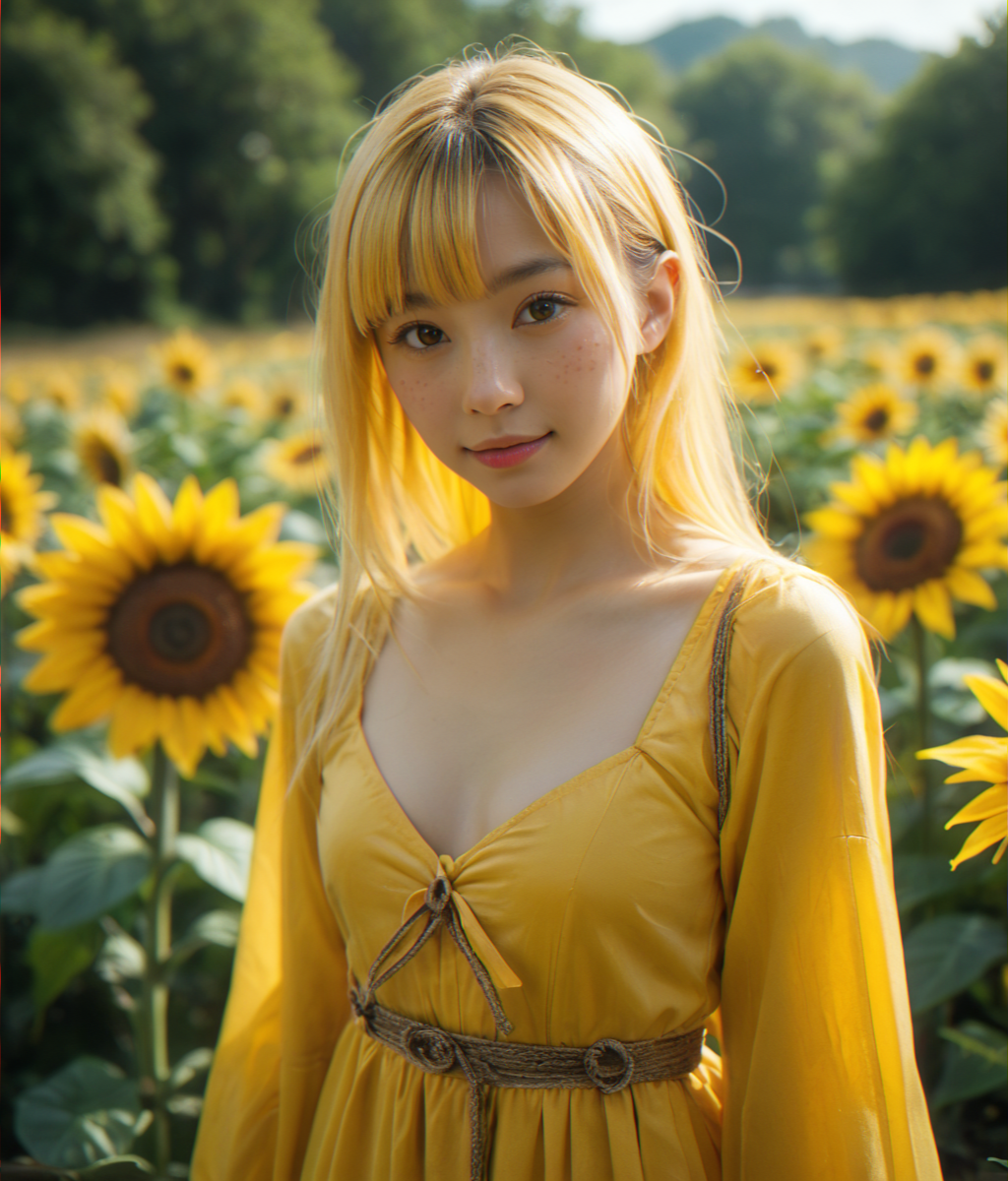 (score_9,score_8_up,score_7_up),
photorealistic, photography, depth of field, immersive lighting, cinematic,
35yo, Japanese, asian, monolid, looking at viewer,
walking in sunflower field, super long flowing neon yellow hair, bangs, neon yellow dress, deep cut, ribbon,