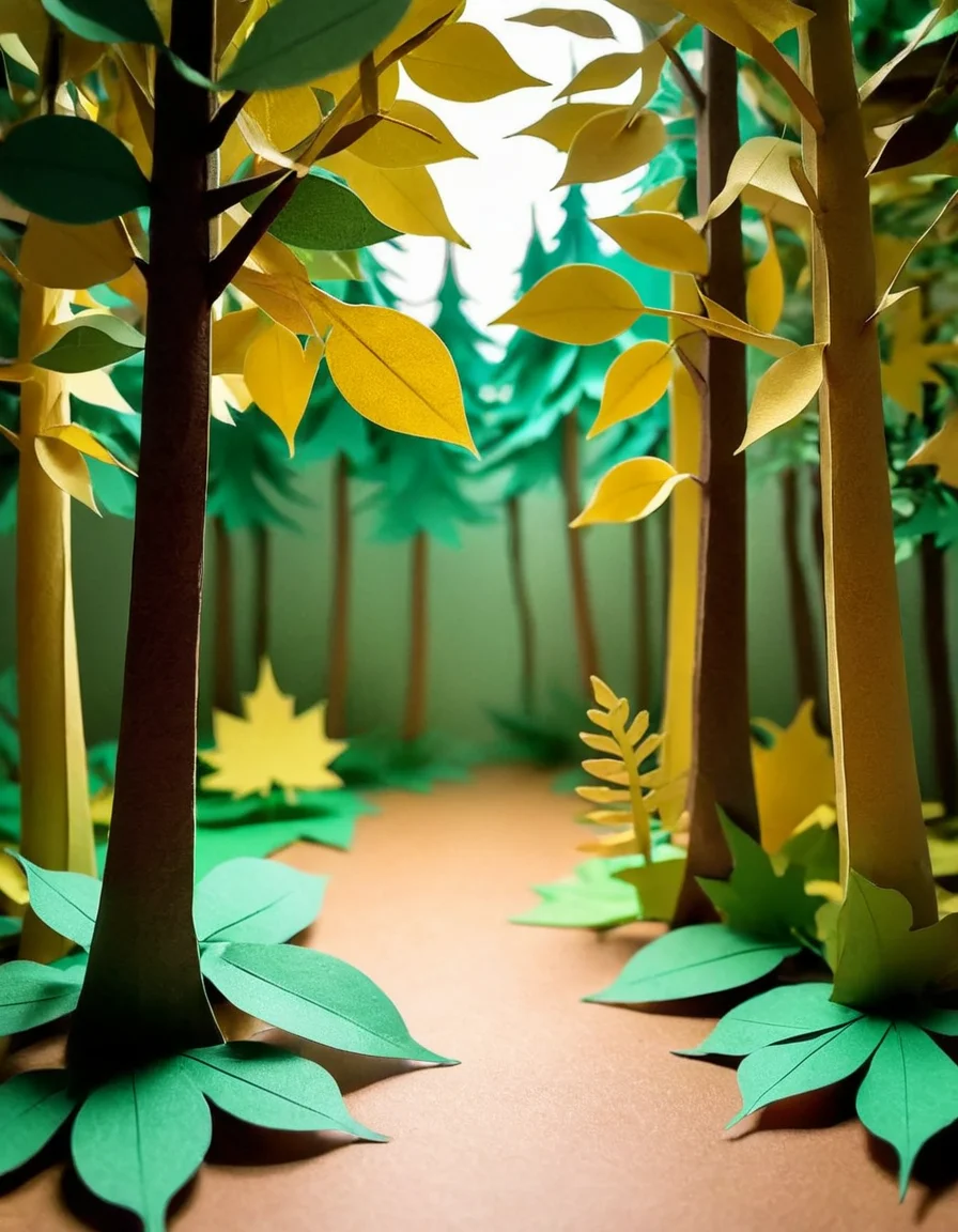 made out of ral-ppr, papercraft, paper, Broadleaf Forest, <lora:ral-ppr-sdxl:0.7>, warm light, extremely stylish, perfect composition, winning, handsome, artistic, fabulous colors, enchanted, romantic, magical atmosphere, epic composition