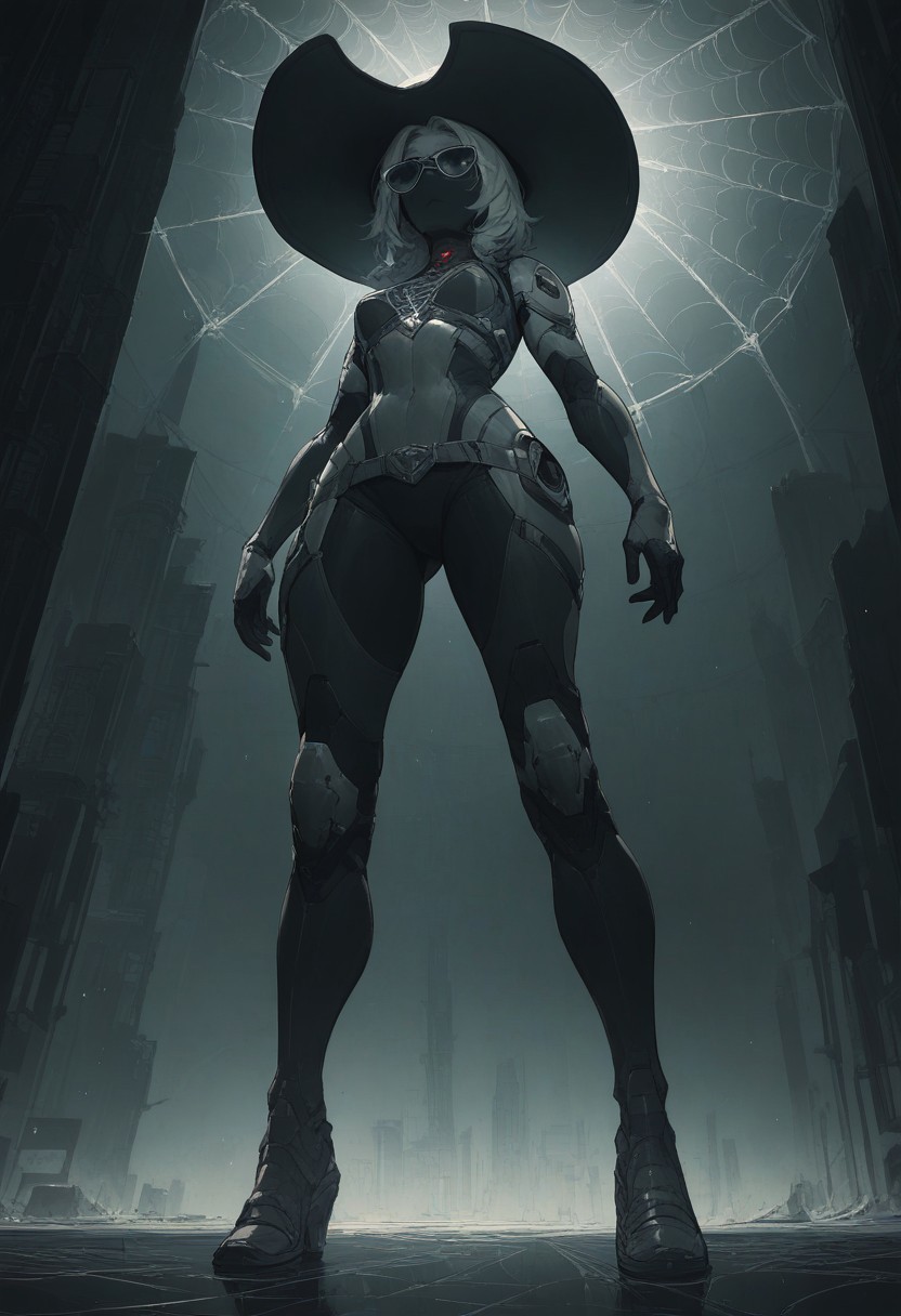 (score_9,score_8_up,score_7_up:1), 1girl, full body, low angle view from below, old spider web, big cowboy hat, futuristic mirror sunglasses, full face, futuristic body armor, neon light, reveling clothes