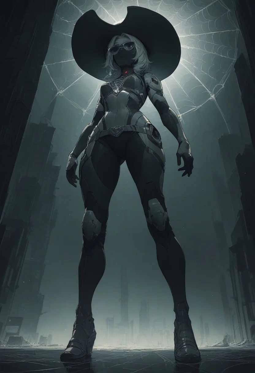 (score_9,score_8_up,score_7_up:1), 1girl, full body, low angle view from below, old spider web, big cowboy hat, futuristic mirror sunglasses, full face, futuristic body armor, neon light, reveling clothes