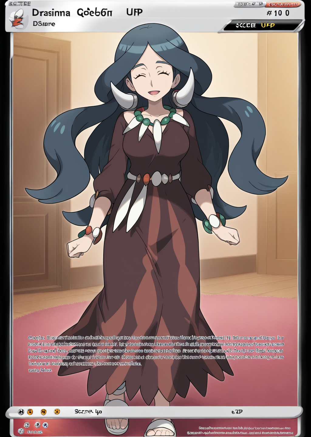 score_9, score_8_up, score_7_up, score_6_up, score_5_up, score_4_up, masterpiece,  detailed, high quality, BREAK, full body, 1girl, shiny skin,    <lora:Drasna (Pokemon X&Y) [Illustrious]:0.8> long hair, black hair, necklace, drasna (pokemon), drasna, eyes closed, hairpiece, closed eyes, mature female,  <lora:Pokemon_Card_Template_Concept_Illustrious:0.8> pokecards, pokemon cards, colored border, text,