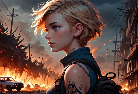 1girl, Masterpiece, 4k, ultra high detail, score_9, score_8_up, score_8, 18yo, petite, medium breast, short blonde hair, fcNeg, stunning blue eyes, freckles, white skin, small nose, innocent beauty, slim face, skinny petite body,
Torn sport clothes
Dark sky, burning sky, nighttime, night,
Fear in her eyes, crying,
Sideview, Apocalyptic scene, burning skyscraper, burning city, derstroyed cars, a huge asteroid swarm in the sky,
Many asteroids in the sky,
End of the World,
negative_hand, NightScapes,