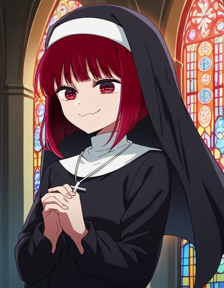 score_9, score_8_up, score_7_up, source_anime, kanaarima, <lora:kana-arima-s1-ponyxl-lora-nochekaiser:1>, kana arima, short hair, bangs, red eyes, red hair, bob cut,, <lora:traditional-nun-ponyxl-lora-nochekaiser:1>, traditional nun, nun, habit, long sleeves, dress, black dress, jewelry, black veil, cross, cross necklace,, church, smug, praying,, cowboy shot