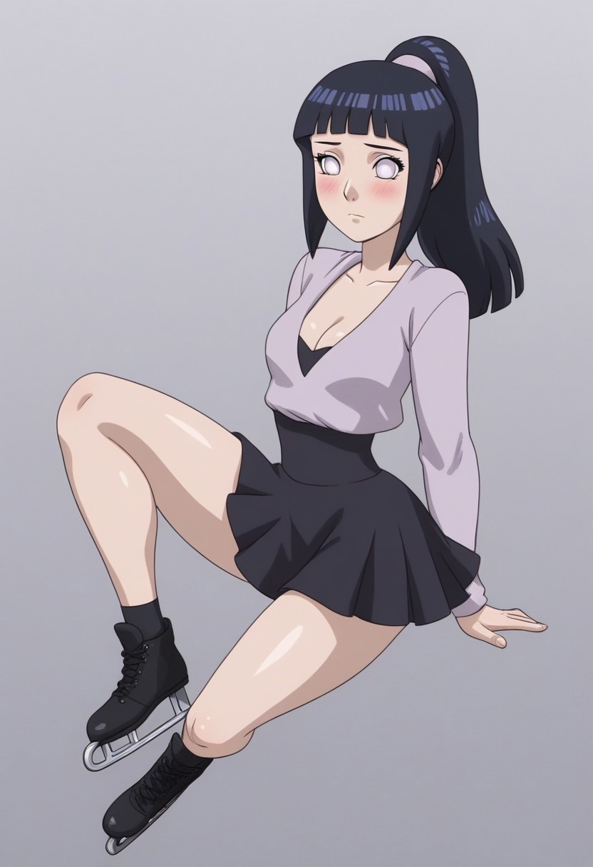 1girl, solo, (hinata, hyuuga hinata, purple eyes, blunt bangs, black hair, white eyes, no pupils, hyuuga hinata, bangs, blunt bangs, dark blue hair, white eyes, no pupils, big boobs,
solo, blush, embarrassed, expressionless, 
Fullbody, sexy, perfect body, hourglass figure, cleavage, butt, thick thighs, small waist, natural breasts, skin pores, detailed skin,
High ponytail, hairband, 
skirt,shoes,
m_miketa,
Ice skating rink,
 masterpiece, best quality
Expressiveh, g0thicPXL,