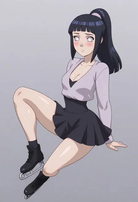 1girl, solo, (hinata, hyuuga hinata, purple eyes, blunt bangs, black hair, white eyes, no pupils, hyuuga hinata, bangs, blunt bangs, dark blue hair, white eyes, no pupils, big boobs,
solo, blush, embarrassed, expressionless,
Fullbody, sexy, perfect body, hourglass figure, cleavage, butt, thick thighs, small waist, natural breasts, skin pores, detailed skin,
High ponytail, hairband,
skirt,shoes,
m_miketa,
Ice skating rink,
masterpiece, best quality
Expressiveh, g0thicPXL,