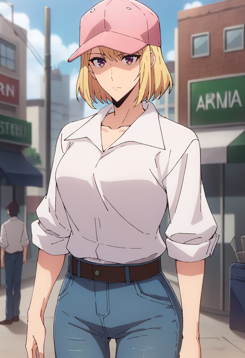 score_9, score_8_up, score_7_up,
<lora:SoloLeveling_ChaHae-InXL:0.8>, ChaHaeInSL,
1girl, solo, closed mouth,
blonde hair, medium hair, purple eyes,
ChaHaeInCasual, collared shirt, white shirt, collarbone, baseball cap, pink headwear, jeans, shirt tucked in, brown belt,
standing, looking at the viewer, thigh gap,
outdoors, city, street, blurry background