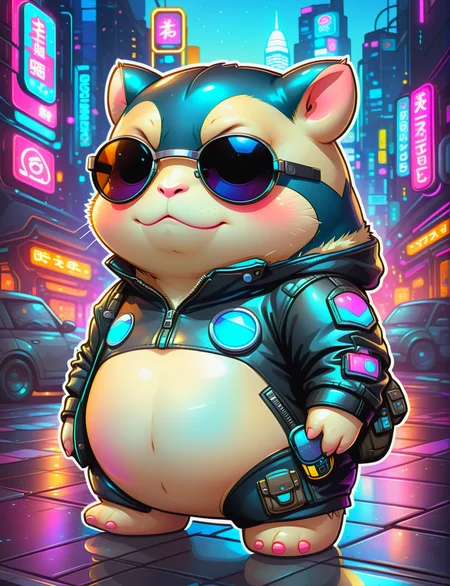 <lora:SDXLCutePets:1> cutepets, an adorable super cute kawaii cyborg snorlax, cyberpunk, wearing sunglasses, leather jacket, high quality, digital art illustration, neon city background, sticker art
