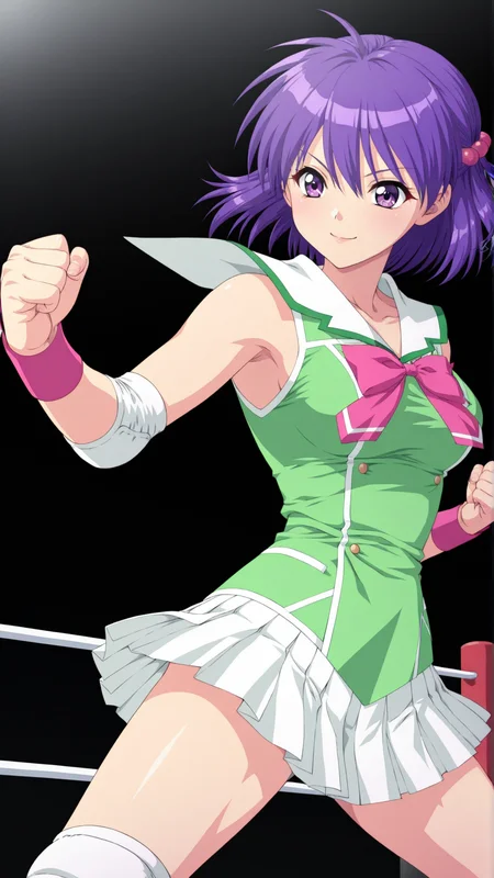 masterpiece, best quality, anime coloring, wrestling ring
1girl,solo, dynamic pose, smile, fighting stance,
<lora:Chigusa-Yuuki_lL_v01:1> chigusa-yuuki, pleated white skirt, sleeveless, green costume, big collar, pink bowtie,