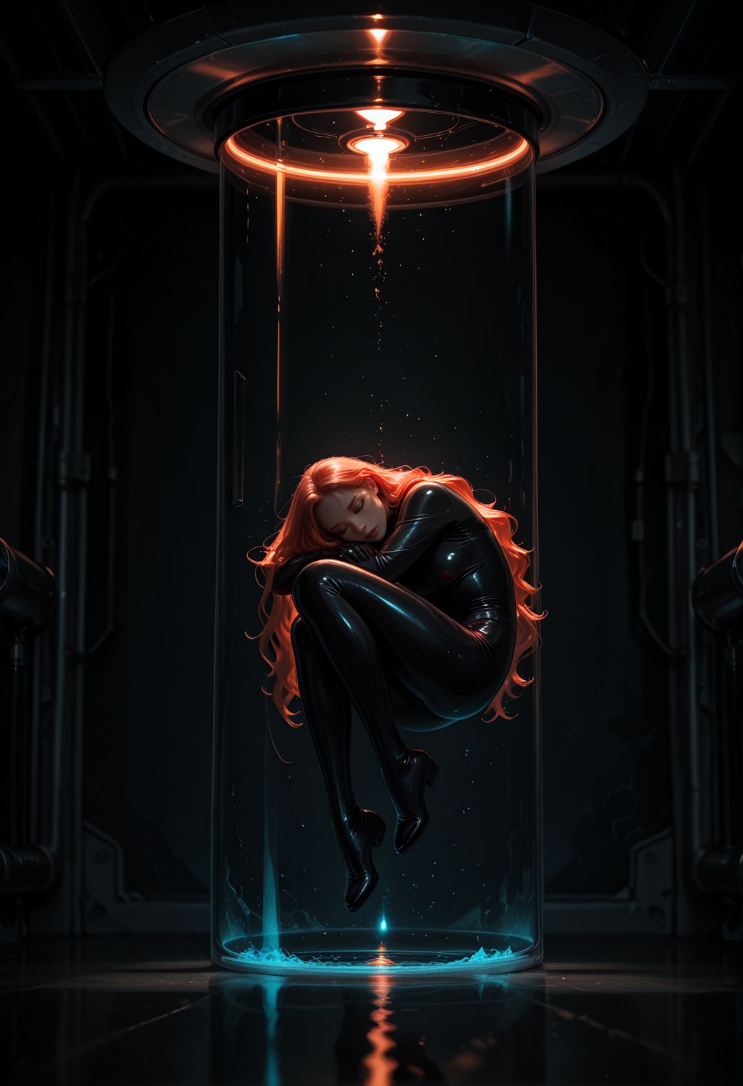 Smooth_Quality, futuristic sci-fi scene. 1girl, midair, floating inside a large glass water tank cylinder full of water, intricate futuristic design, wearing sleek black suit, metallic body armor, long flowing hair, loose wavy hair, sleeping peacefully, dark and ominous background with a faint laboratory visible through the glass, cinematic lighting, neon accents, dystopian mood,​<lora:Smooth_Booster:0.5>​​​ <lora:SLE_v2:-1>