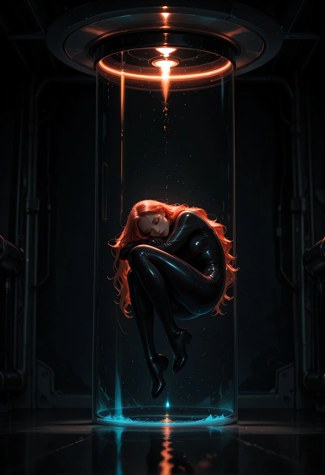 Smooth_Quality, futuristic sci-fi scene. 1girl, midair, floating inside a large glass water tank cylinder full of water, intricate futuristic design, wearing sleek black suit, metallic body armor, long flowing hair, loose wavy hair, sleeping peacefully, dark and ominous background with a faint laboratory visible through the glass, cinematic lighting, neon accents, dystopian mood,​<lora:Smooth_Booster:0.5>​​​ <lora:SLE_v2:-1>