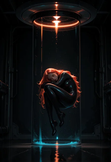 Smooth_Quality, futuristic sci-fi scene. 1girl, midair, floating inside a large glass water tank cylinder full of water, intricate futuristic design, wearing sleek black suit, metallic body armor, long flowing hair, loose wavy hair, sleeping peacefully, dark and ominous background with a faint laboratory visible through the glass, cinematic lighting, neon accents, dystopian mood,β<lora:Smooth_Booster:0.5>βββ <lora:SLE_v2:-1>