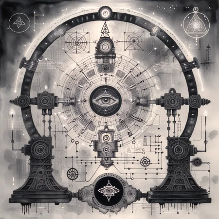 ampereart ink drawing of a mystical time machine with an electrical diagram, in the background a dark time gate and mystical electrical symbols <lora:ampereart:1>