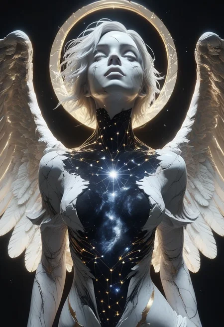 score_9, score_8_up, score_7_up, score_6_up, sclpt, sculpture style, wings, solo, black background, white eyes, cracked skin, feathered wings, 1girl, angel wings, angel, simple background, upper body, multiple wings, looking at viewer, constellation, colored skin, star (sky), white wings, short hair, breasts, halo