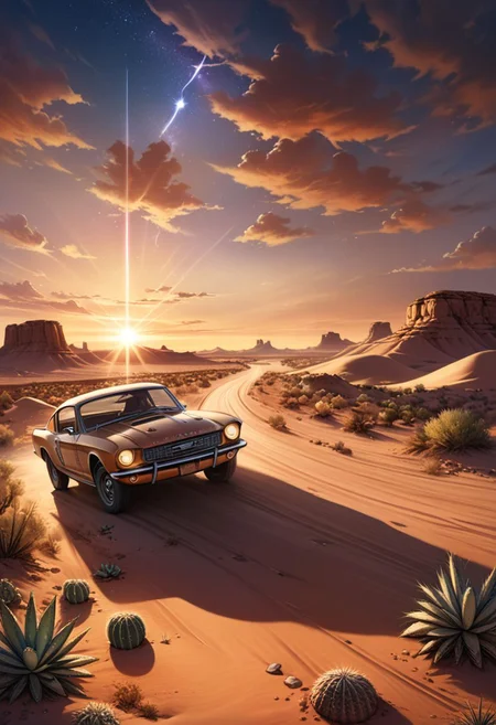 (masterpiece), realistic lighting, score_9, score_8_up, score_7_up, realistic, intricate details, hyperdetailed, extremely sharp, 4k, ,vivid colors,
((masterpiece)), ((best quality)), (ultra-detailed), absurdres, extremely detailed CG unity 8k wallpaper, Official Art, the fantastic route 66 at sunset crossing the desert, cacti, succulents, astral energy, magical and romantic atmosphere colorful, late spring scenery, illustration, (dramatic lighting:1.1),
hyperdetailed, hyperrealistic, 8k, high quality, hi res, best quality, high quality, absurd res, volumetric lighting, reflections, polished, intricate, soft warm lighting,