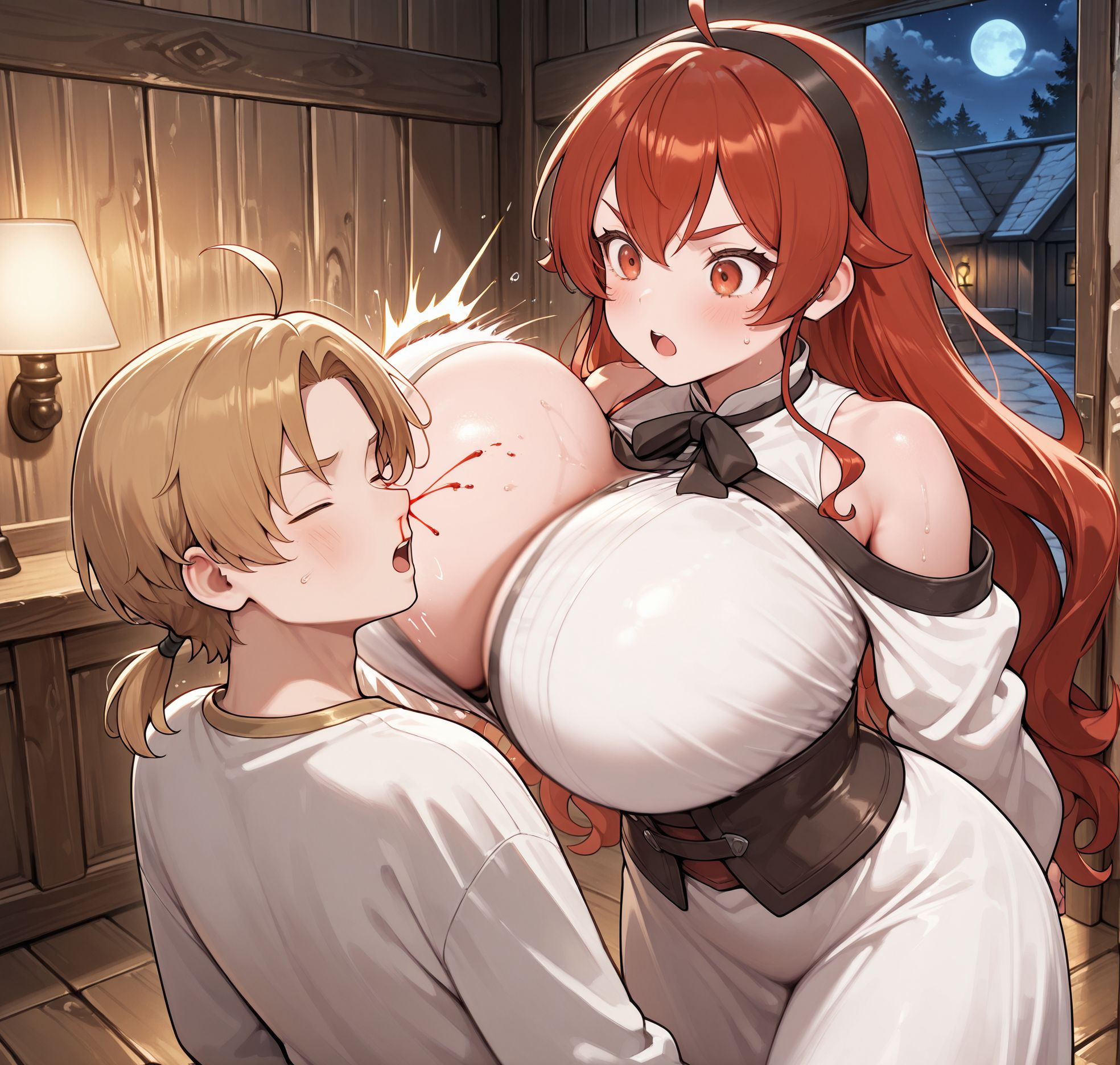 masterpiece,best quality,amazing quality,very aesthetic,absurdres,newest,huge filesize,
<lora:spo_sdxl_10ep_4k-data_lora_webui:0.5>,
<lora:add-detail-xl:1>uncensored,
<lora:slapping_with_breasts:1>
slapping_with_breastsV1,
slapping with breasts,
1girl,
breasts,
1boy,
nosebleed,
blood,open mouth,
huge breasts,
BREAK
hotel, night, size difference, 
indoors, wood floor,wooden wall,  
Medieval ,
Eris Boreas Greyrat,
BREAK
Rudeus Greyrat,imminent kiss, looking back, 
muscular male,