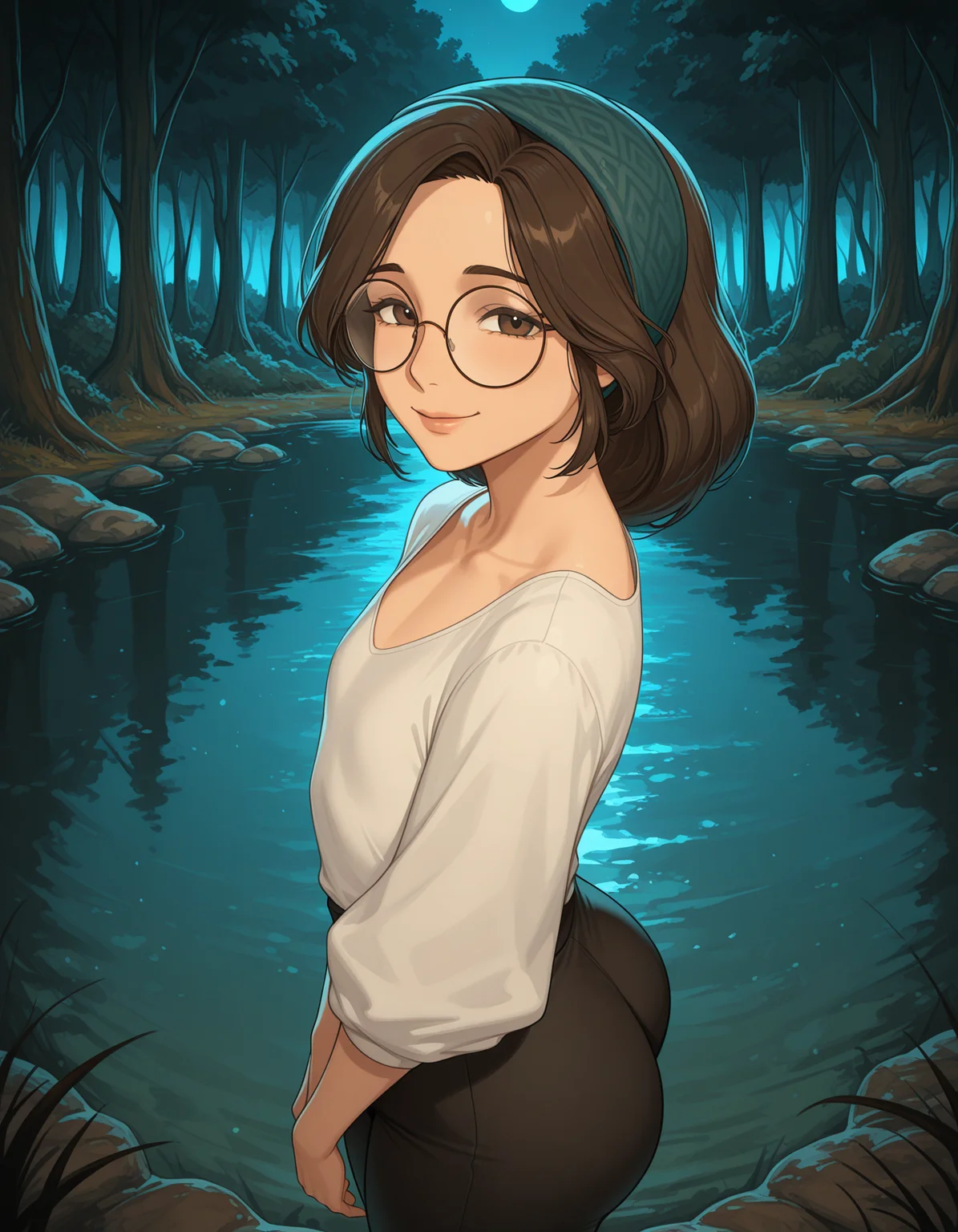 1girl, solo, almaMH, brown hair, medium hair, hairband, brown eyes, round eyewear, smile, mature female, flat chest, white shirt, black pants, looking at viewer, (from above:0.7), (from side:0.5), pond, forest, trees, night, (dark theme, low light:0.3) <lora:alma_mhwilds_ilxl_v1:0.7>