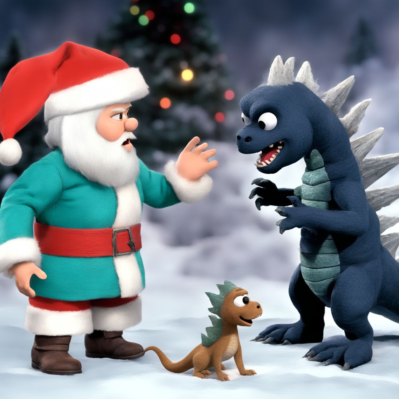 Godzilla vs. Santa ClaymationX  <lora:SDXL-ClaymationX-Lora-000002:0.8>