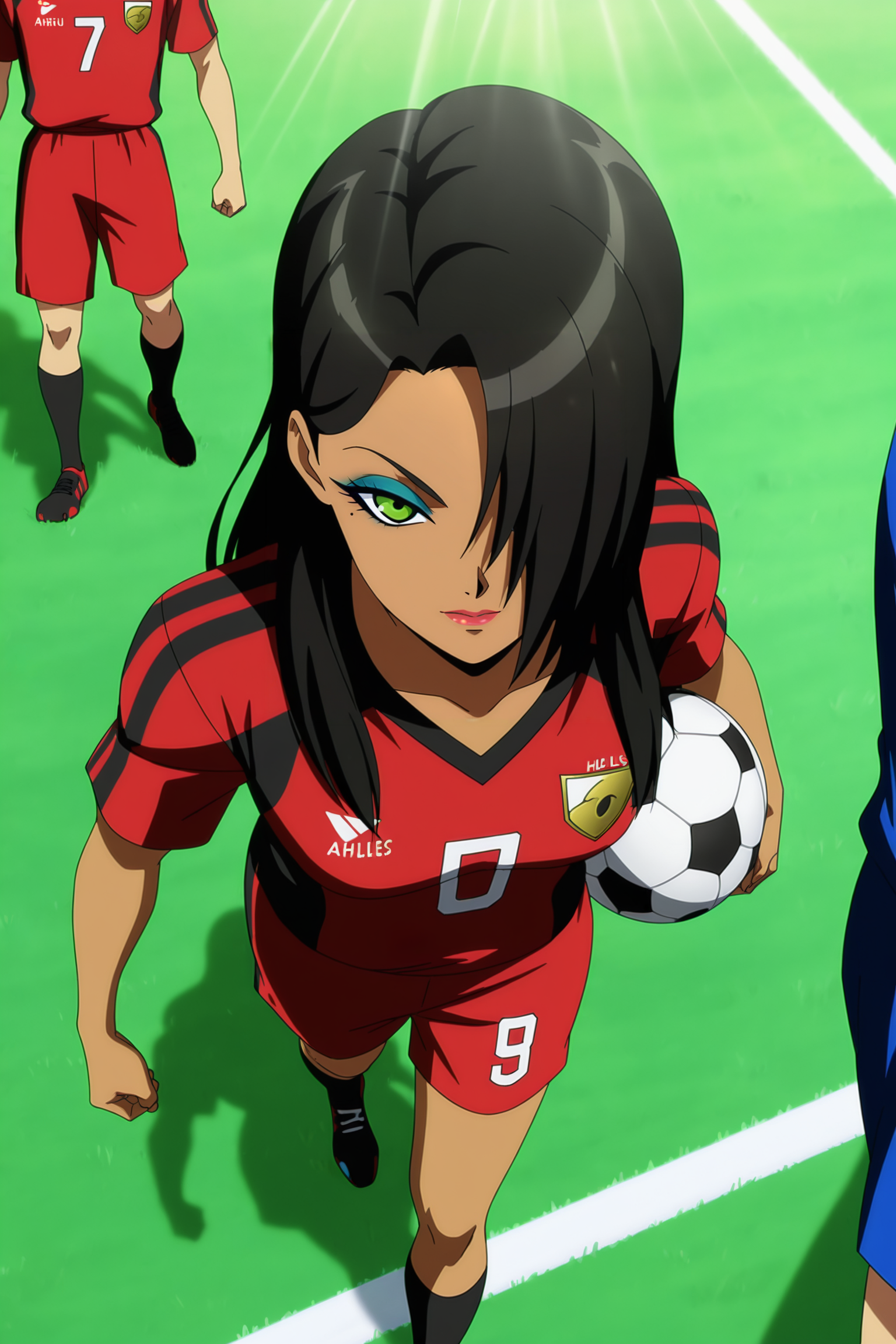 anime screencap, absurdres, high quality,  official style, 
helles, dark-skinned female, long hair, black hair, gold hair ornament, green eyes, mole under eye, makeup, eyeshadow, from above, red soccer uniform, holding soccer ball, stadium, grass, blurry background, crowd, hair over one eye, dappled sunlight, day, light rays, 
 <lora:Helles_IL:0.8>