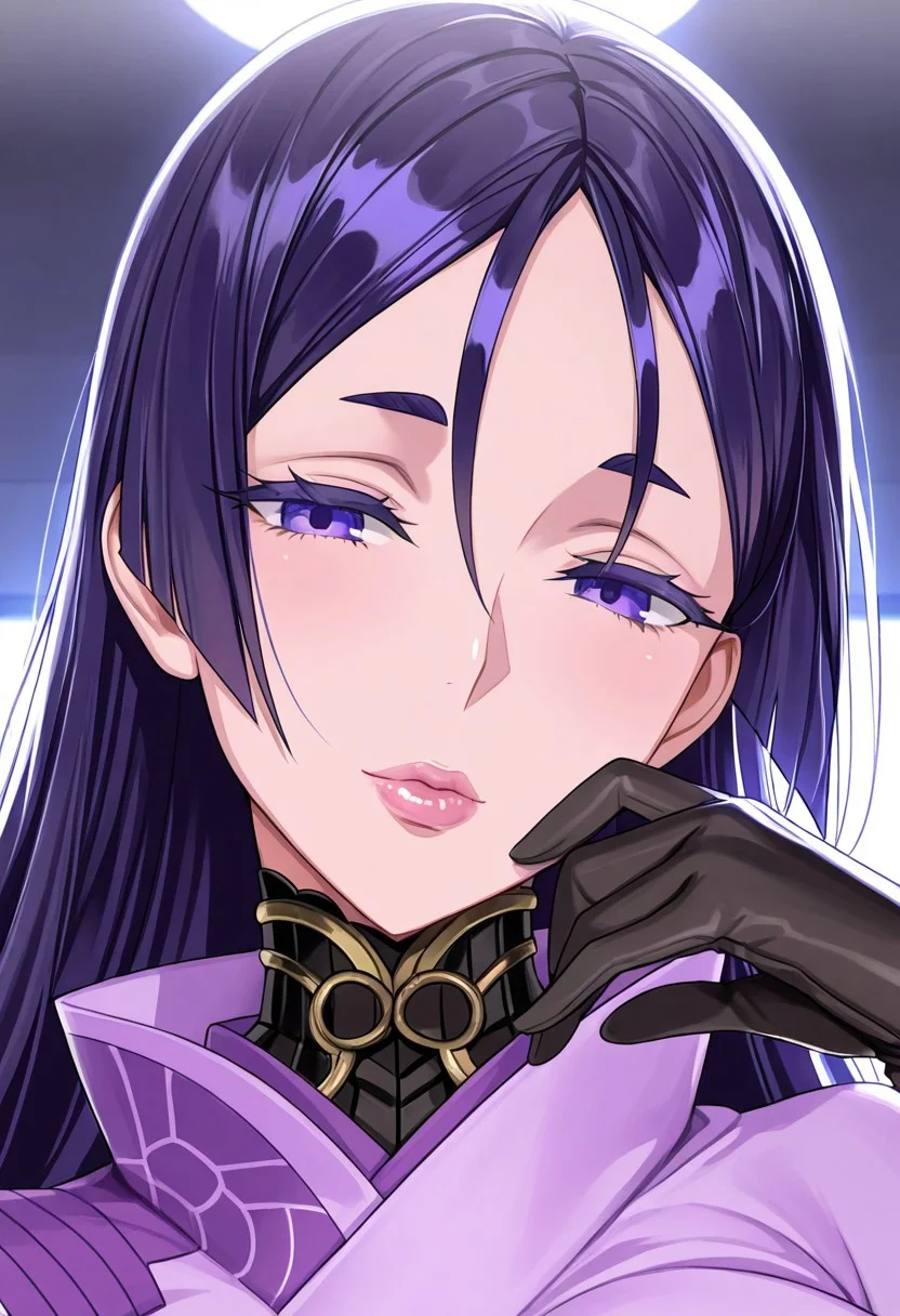 1girl, Minamoto-no-Raikou
\(fate\),, adult woman, milf, masterpiece, purple japanese dress, hand up, black gloves, high collar, dark purple hair, long hair, very long hair, luscious lips, lip gloss, portrait, colored eyelashes, backlighting, purple eyes, goddess, glossy skin, ,hires,best quality, very aesthetic,absurdres,score_9, score_8_up, score_7_up, score_6_up, score_5_up, score_4_up, (hyper extreme detailed), (hyper quality), game CG, (colour:1.2),(from side:0.7)