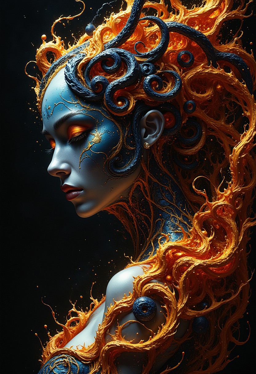 masterpiece, high detail, ArsMJStyle, dnddarkestfantasy, masterpiece, stunning oriental water spirit woman, made of embers and flame, abstract, fractal art. highest definition, HD32K, wallpaper, hyperdetailed, concept art, extreme closeup, side profile