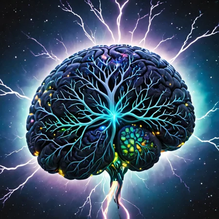 biolumen, detailed human brain, galaxy, night sky, BL4CK3STBL4CK, black_theme, matte_color, flat color