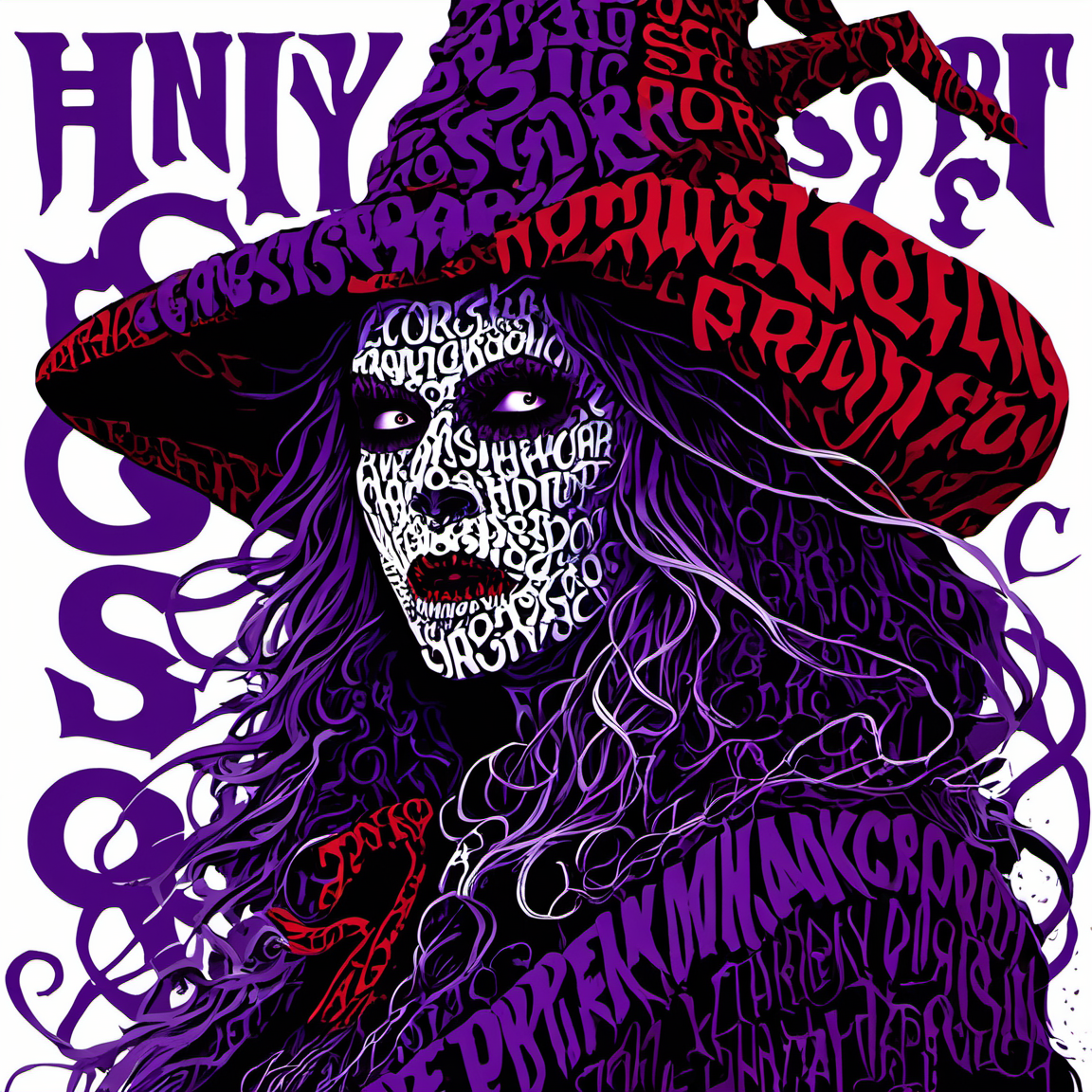 typography_art, english text,witch<lora:Typography_art:1>, dark  themed background. very dark and scary horror vibes. hyper intricate details. purple, red, white colors. hyperrealistic artwork style. scary horror metal music vibe. godrays, gorgeous, amazing, intricate, highly detailed, digital painting, artstatio