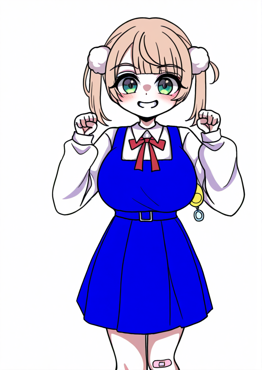 <lora:Tokigui:1.2>,1girl, shigure ui (vtuber), shigure ui (young) (vtuber), huge breasts, aged down, bandaid, bandaid on knee, bandaid on leg, blue dress, blush, collared shirt, crime prevention buzzer, dress, green eyes, grin, hair ornament, light brown hair, long sleeves, looking at viewer, medium dress, neck ribbon, parted lips, pinafore dress, pleated dress, pom pom (clothes), pom pom hair ornament, puffy long sleeves, puffy sleeves, red ribbon, ribbon, shirt, short hair, sleeveless, sleeveless dress, smile, solo, twintails, white shirt,