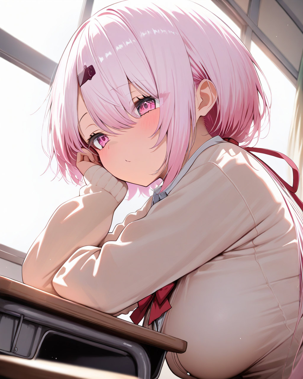 1girl,
ShiinaYuikaNijisanji,
solo, dutch angle, upper body,
pink hair, low ponytail, pink eyes,
cardigan, red bow, large breasts, sitting,
classroom, side lighting,
depth of field,
<lora:kp_ShiinaYuikaNijisanji1stCostumeAnimagineXL_v1_1:1.0>,
masterpiece, high score, great score, absurdres