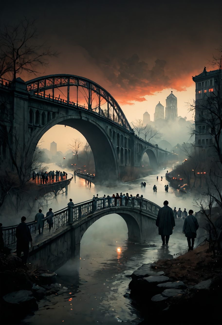 score_9,score_8_up,score_7_up,8k,,ruanyi0698,bridge,red sky,fog,river,horror theme,crowd,<lora:0698 Naihe Bridge_v1_pony:1>