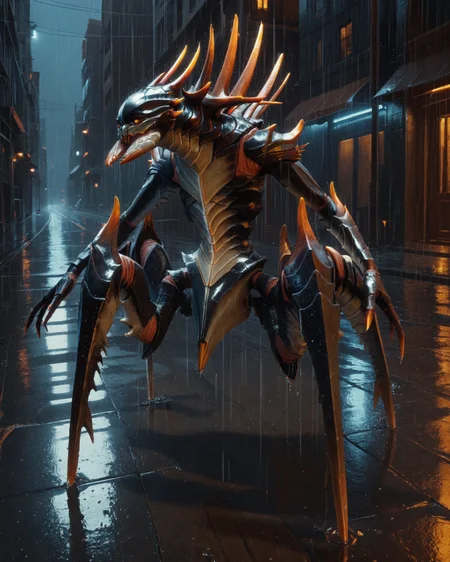 score_9, score_8_up, score_7_up, rating_questionable, intricately detailed, science fiction setting,
<lora:Chryssalid_XCOM_2:1>,
1boy(chryssa1id, four legs, full body, solo),
partial side view,
rain, wet street, wet, science fiction city, futuristic buildings, high rises, on a road, at night, darkness, rainfall, dark theme,
<lora:ral-chrosc-clr:0.7>, ral-chrosc-clr,
<lora:Expressive_H:0.5>, Expressiveh,
<lora:xl_more_art-full_v1:0.3>,
<lora:add-detail-xl:0.3>