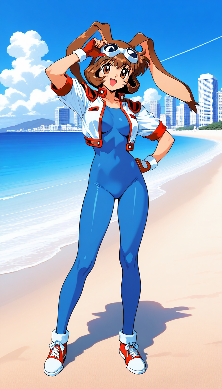 masterpiece, best quality, good quality, <lora:Makihara_Arina_IS:1>Makihara_Arina, brown hair, animal ears, goggles on head, rabbit ears, brown eyes, 1990s (style),  medium breasts,
1girl, solo, gloves,  fingerless gloves, sneakers, 
shoes, blue bodysuit, full body, smile, looking at viewer, open mouth, bodysuit, short sleeves, red footwear, cropped jacket, red gloves, bangs,
blue sky, beach, building,