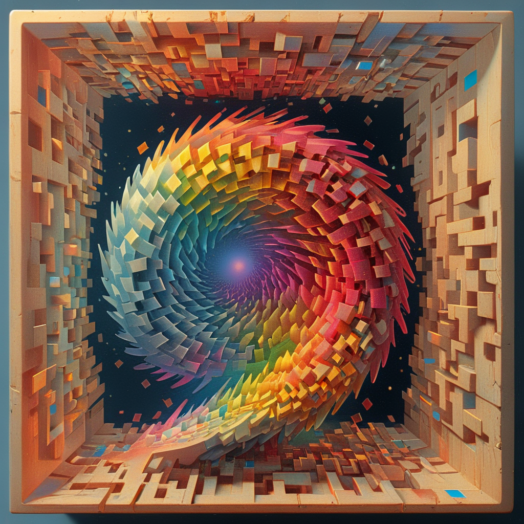<lora:artfullyHOLOGRAPH_SDXL_V1:1>,arthlgrm,<lora:artfullyCUBED_SDXL_V1:.7> , artcbd,  <lora:artfullyECHELIER_SDXL_V1:1>, artchlr,
LIGHT AS A PARTICLE IS A PHOTON, CUBED, CUBED LIGHT, IS HOLOGRAPHIC, HOLOGRAMS ARE DREAM STATE, IN THE STYLE OF BACHELIER AND ESCHER