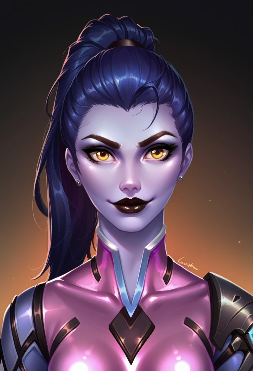 score_9, score_8_up, score_7_up, score_6_up, 1girl, solo, black lipstick, widowmaker, ponytail, upper body, front view, smiling, bodysuit,
black gradient background,
<lora:Krys_Decker_-_Artist_style:1> ss-krd_o