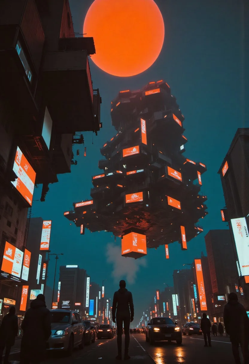 Chaotic floating megastructure, buildings, cars, people, nothing obeys gravity anymore. They hover, weightless, like forgotten memories. gantz-advancedsuit, osaka \(city\), doutonbori, midnight, neon sign, gantz advanced suit, orange sphere in background, highly detailed, high budget, cinemascope, moody, epic, gorgeous, film grain, grainy, Jagged rips in space-time, pulsating with the sickly glow of neon orange, electric blue, or radioactive green, synthetic mist, hiding secrets, silhouettes, and the occasional ghost of the old world. Trackmania, big red moon, (mainly dark blue and orange colors)