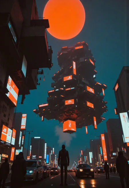 Chaotic floating megastructure, buildings, cars, people, nothing obeys gravity anymore. They hover, weightless, like forgotten memories. gantz-advancedsuit, osaka \(city\), doutonbori, midnight, neon sign, gantz advanced suit, orange sphere in background, highly detailed, high budget, cinemascope, moody, epic, gorgeous, film grain, grainy, Jagged rips in space-time, pulsating with the sickly glow of neon orange, electric blue, or radioactive green, synthetic mist, hiding secrets, silhouettes, and the occasional ghost of the old world. Trackmania, big red moon, (mainly dark blue and orange colors)