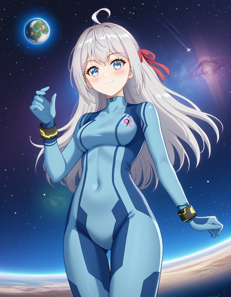 score_9, score_8_up, score_7_up, source_anime, alisamikhailovnakujou, <lora:alisa-mikhailovna-kujou-alpha-ponyxl-lora-nochekaiser:1>, alisa mikhailovna kujou, long hair, bangs, blue eyes, hair ribbon, ahoge, grey hair, red ribbon,, <lora:samus-aran-cosplay-ponyxl-lora-nochekaiser:1>, samusarancosplay, samus aran \(cosplay\), blue bodysuit, bodysuit, covered navel, skin tight, zero suit,, space, planet, earth \(planet\), star \(sky\), galaxy, nebula, moon, blush, smile,, cowboy shot, dutch angle, solo,