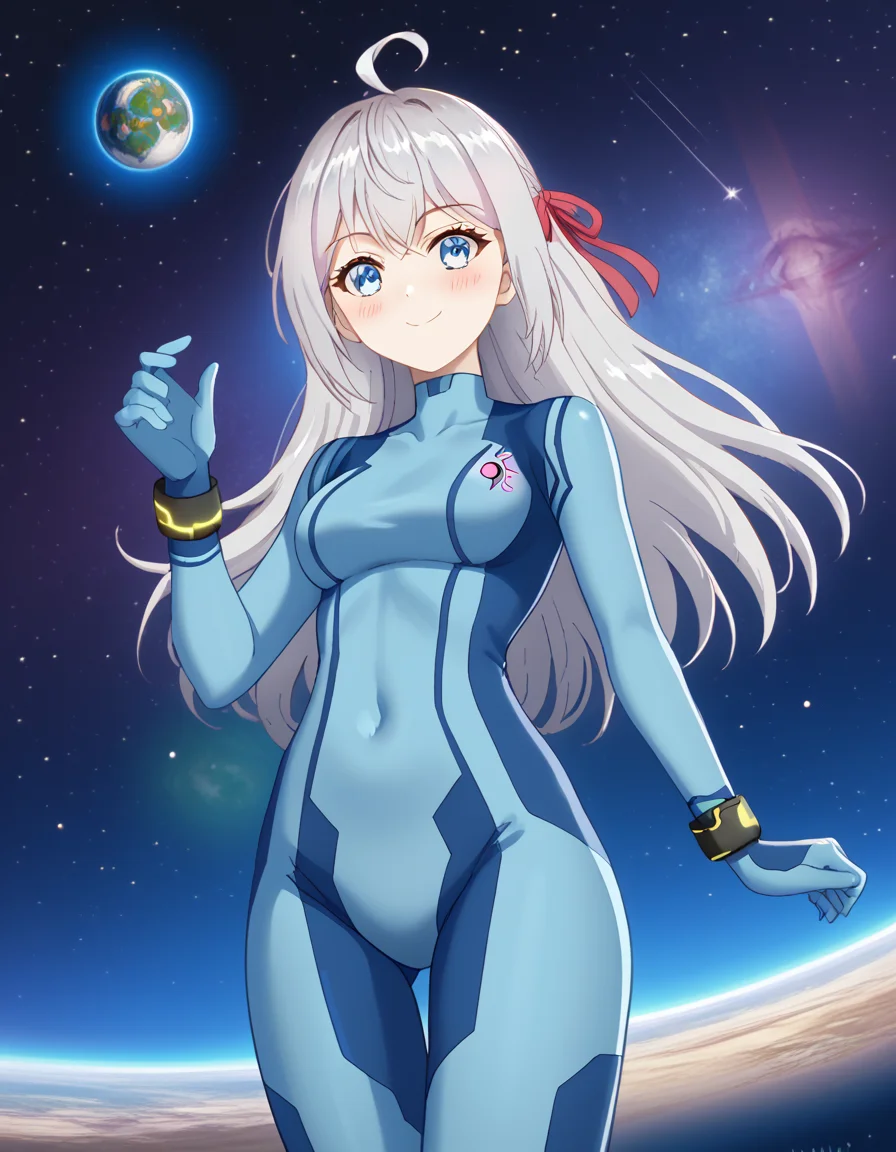 score_9, score_8_up, score_7_up, source_anime, alisamikhailovnakujou, <lora:alisa-mikhailovna-kujou-alpha-ponyxl-lora-nochekaiser:1>, alisa mikhailovna kujou, long hair, bangs, blue eyes, hair ribbon, ahoge, grey hair, red ribbon,, <lora:samus-aran-cosplay-ponyxl-lora-nochekaiser:1>, samusarancosplay, samus aran \(cosplay\), blue bodysuit, bodysuit, covered navel, skin tight, zero suit,, space, planet, earth \(planet\), star \(sky\), galaxy, nebula, moon, blush, smile,, cowboy shot, dutch angle, solo,
