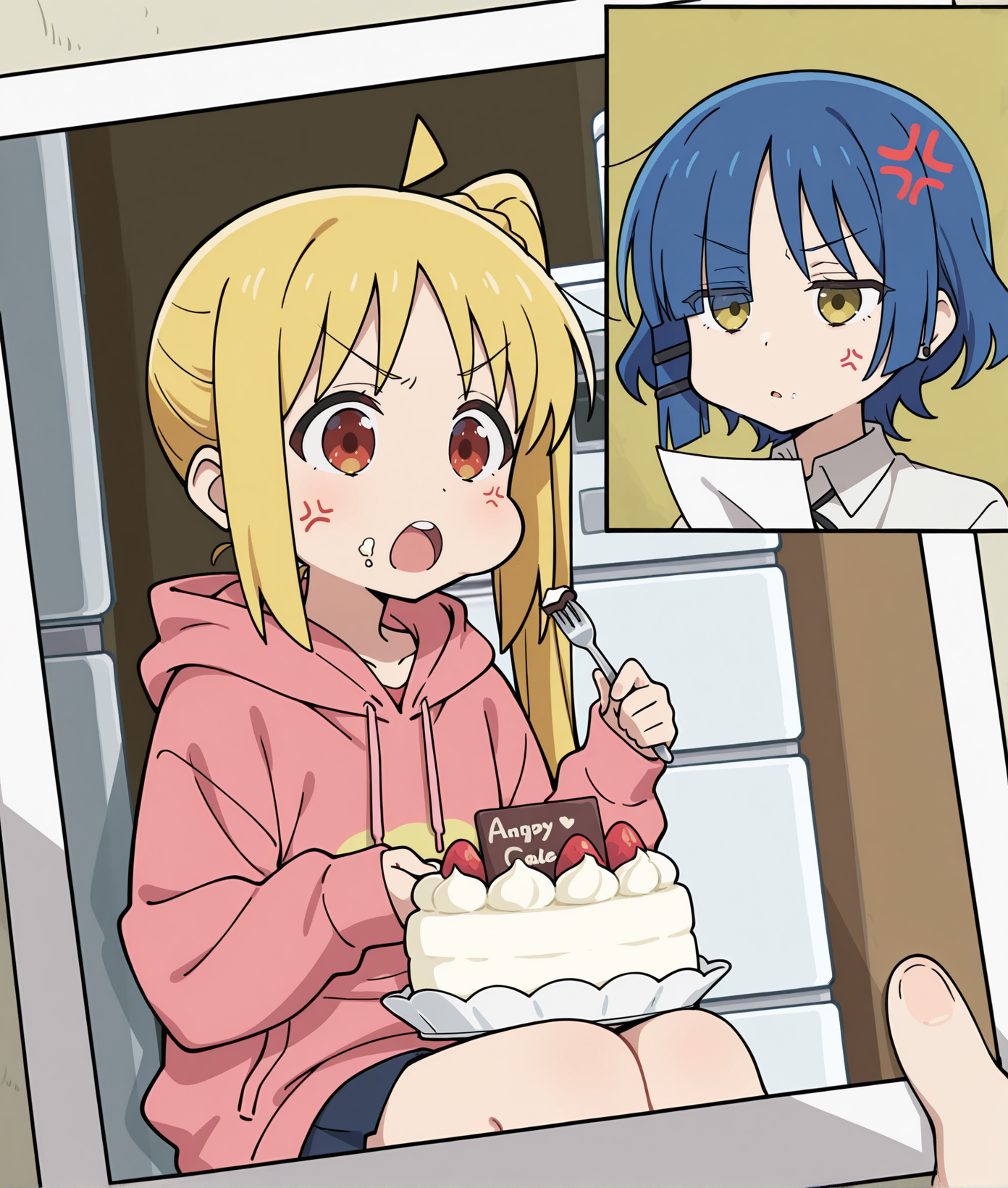 masterpiece,best quality,high quality,amazing quality,absurdres,highres,very aesthetic,ultra detailed,
anime screencap,anime coloring,
<lora:secret_photo_challenge_illustrious_r2:1>,secret photo,
BREAK
1girl,yamada ryo, expressionless,  in picture,sitting,eating cake,holding fork,open mouth,refrigerator,
BREAK
ijichi nijika,holding picture,looking at picture,angry,anger vein,open mouth,