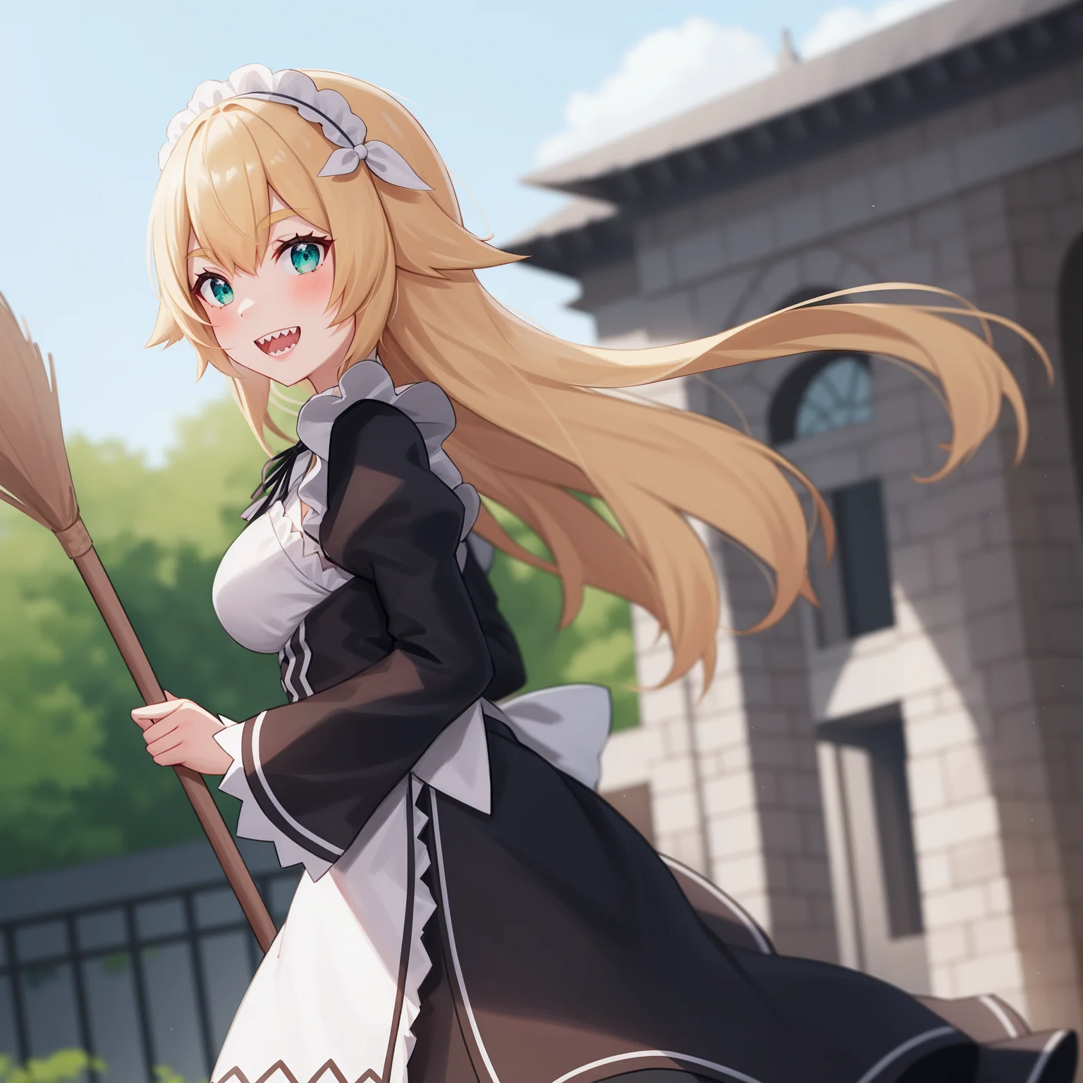 <lora:Frederica:1>,
anime screencap,
sharp teeth, 1girl, blonde hair, solo,green eyes, smile, looking at viewer,looking back,  maid headdress, ribbon, open mouth, maid, black ribbon, dress, long sleeves, :d, neck ribbon, bangs, cowboy shot, blush, long hair,roswaal mansion maid uniform, large breasts,from behind, outdoors,holding broom,village,stone floor, blue sky, mansion, standing,black skirt,