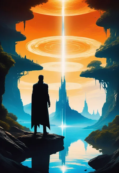 ((masterpiece, best quality)), high resolution, highly detailed, 32k picture,
science fiction, environment, white cubic tower, solo, 1boy, silloutte, standing, outdoors, sky, day, water, from behind, cape, trees, blue sky, scenery, reflection, flare,