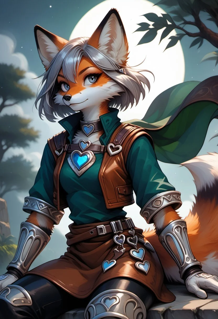 score_9, score_8_up, score_7_up, source_furry, natgra2, gray eyes, short hair, silver hair, steel greaves, plated footwear, brown skirt, black pants, green shirt, brown leather vest, silver belts, white gloves, silver chest plate, anthro, female furry, fox, fox tail, fox ears, body fur, fluffy, paws, moon, trees, sitting, heart-shaped pendant, cape, scarf