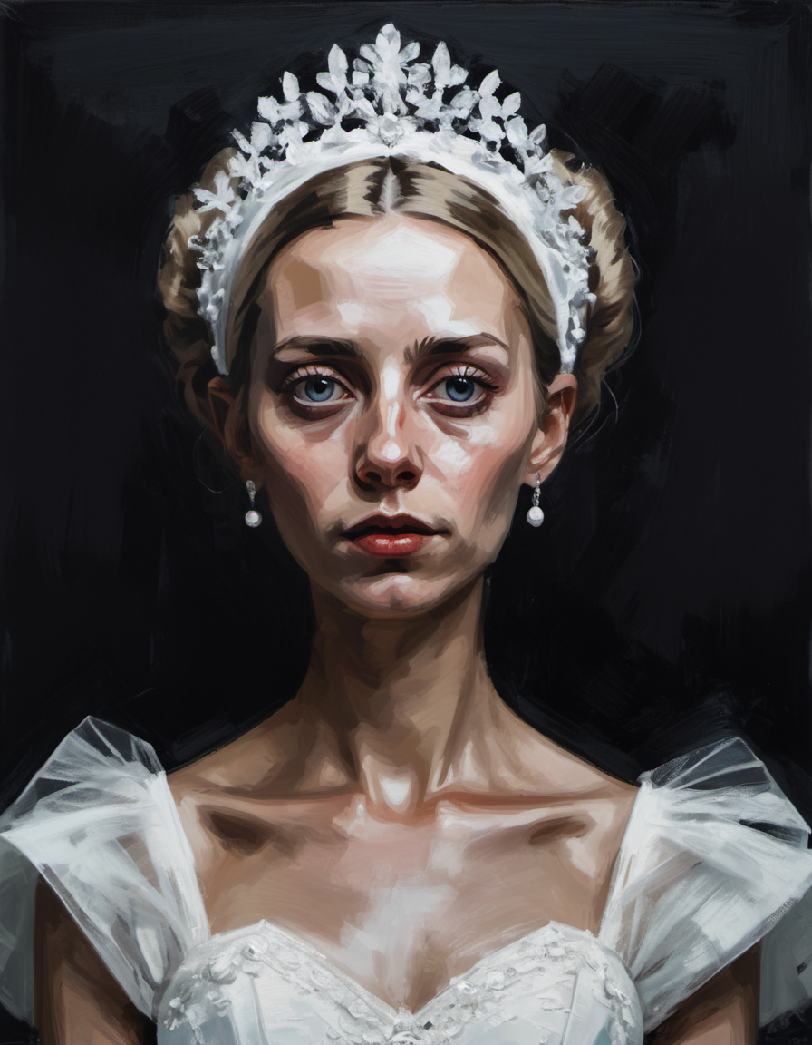 surreal painting, portrait of a Scandinavian woman wearing a wedding dress, dark theme,  <lora:DiscoDeliriumXL-v1.2:0.8>