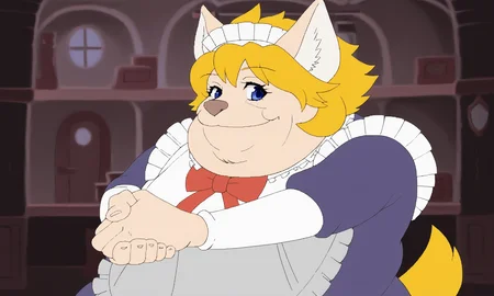 <lora:FloPDXL:1> <lora:morshu_redraw_10:1> floSR, 1girl, morshu, fat, cleft chin, smiling, own hands together, upper body, dog girl, furry female, blue eyes, animal ears, animal nose, tail, blonde hair, short hair, maid, maid headdress, frills, red bow, ribbon, puffy sleeves