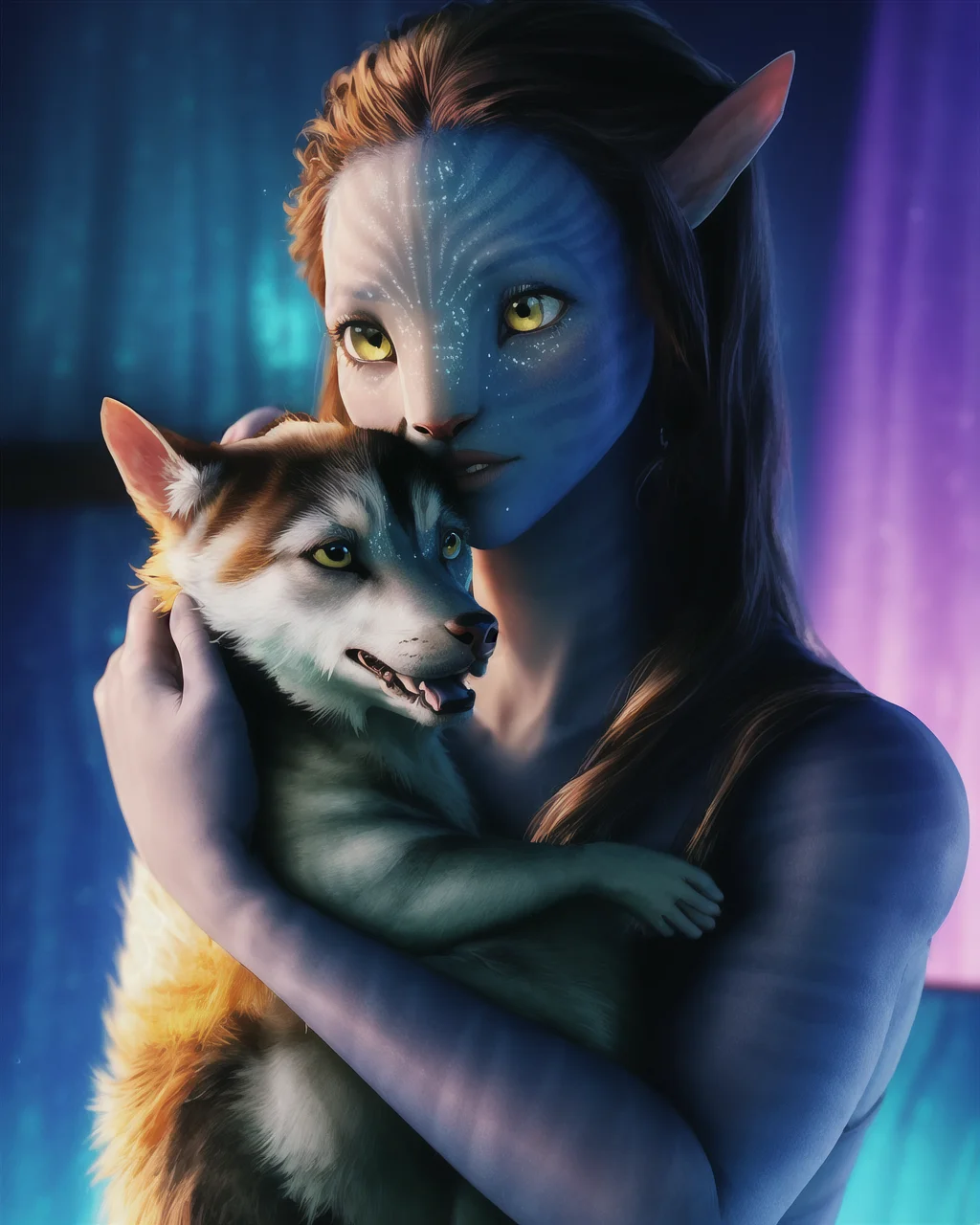 Neytiriblueskinbabe, 1girl, (holding a baby husky), loose straight hair, bioluminescence (Photorealistic:1.2)