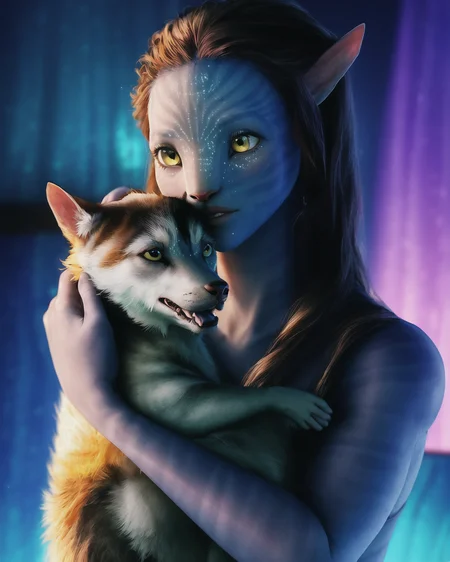 Neytiriblueskinbabe, 1girl, (holding a baby husky), loose straight hair, bioluminescence (Photorealistic:1.2)