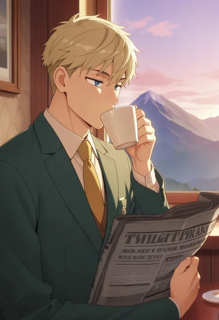 masterpiece,best quality,amazing quality, twilight, blonde hair, short hair, blue eyes, newspaper, 1boy, male focus, cup, solo, drinking, necktie, holding cup, mountain, holding, window, yellow necktie, indoors